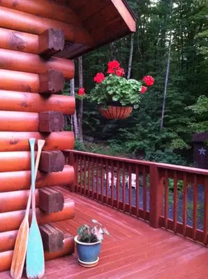 a wooden deck with a planter with red flowers at The Catskill Cabin in Elka Park