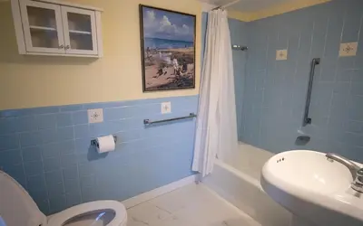 a blue bathroom with a toilet and a sink at Cooper Hill Inn in West Dover