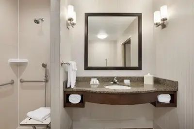 a bathroom with a sink and a mirror at Hilton Garden Inn Stony Brook in Stony Brook