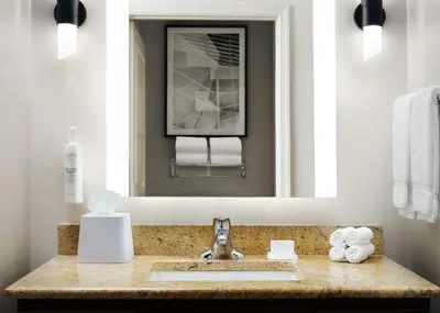 a bathroom with a sink and a mirror at Homewood Suites by Hilton Carle Place - Garden City, NY in Carle Place