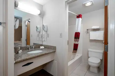 a bathroom with a sink and a toilet and a phone at Red Roof Inn Clifton Park in Clifton Park