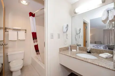 a white bathroom with a sink and a toilet at Red Roof Inn Clifton Park in Clifton Park