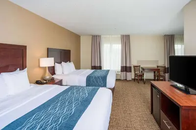 a hotel room with two beds and a flat screen tv at Comfort Inn Naugatuck-Shelton, CT in Naugatuck
