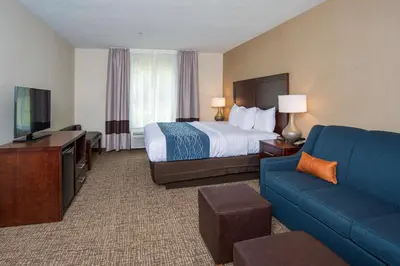 a hotel room with a bed and a couch and a tv at Comfort Inn Naugatuck-Shelton, CT in Naugatuck