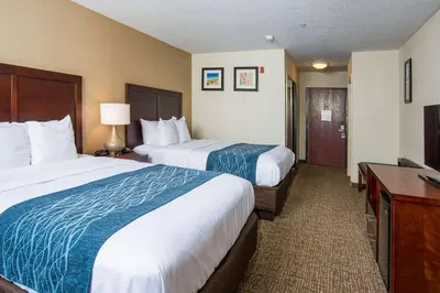 a hotel room with two beds and a television at Comfort Inn Naugatuck-Shelton, CT in Naugatuck