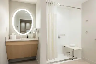 a bathroom with a shower curtain and a sink at TownePlace Suites by Marriott Hadley Amherst in Hadley