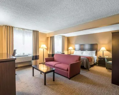 a hotel room with a bed and a pink couch at Comfort Inn Saugerties in Saugerties