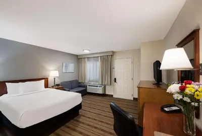 a hotel room with a bed and a desk at SureStay Plus by Best Western Woodbury Inn in Woodbury