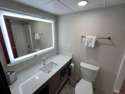 a bathroom with a sink and a toilet and a mirror at Rodeway Inn Little Falls in Little Falls