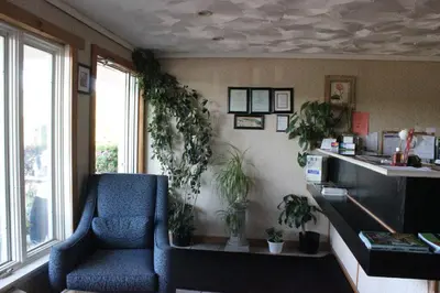 a living room with a blue chair and plants at Berkshire Travel Lodge in Canaan