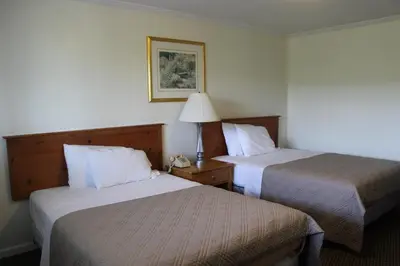 a hotel room with two beds and a lamp at Berkshire Travel Lodge in Canaan