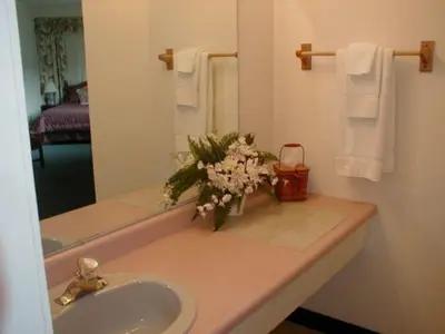 a bathroom with a sink and a vase of flowers at Jenny's Country Manor in Stanfordville
