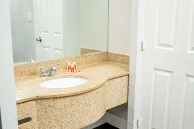 a bathroom with a sink and a mirror at Econo Lodge Clarks Summit - Scranton in Clarks Summit
