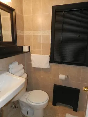 a bathroom with a toilet and a sink and a window at Central Motel Courtyard in White Plains