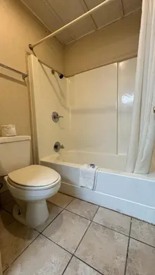 a bathroom with a toilet and a bath tub at Rodeway Inn Dunmore in Dunmore