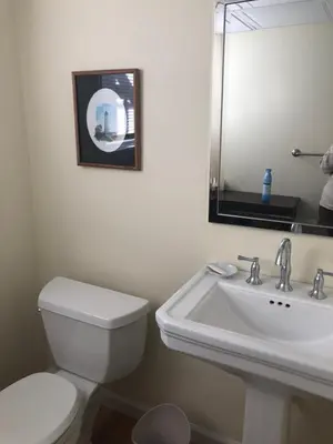 a bathroom with a sink and a toilet and a mirror at Cozy Garden Apartment Along the Shoreline in Guilford