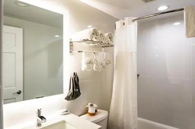 a white bathroom with a sink and a shower at Whitman Motor Lodge in Huntington
