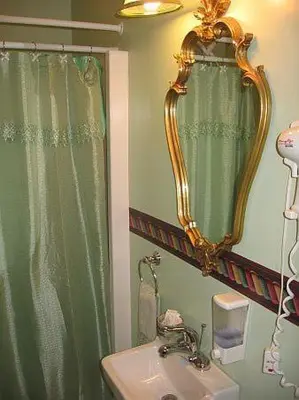 a bathroom with a green shower curtain and a sink at Olde Judge Mansion B&B in Troy