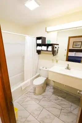 a bathroom with a toilet and a sink and a mirror at Chatham Travel Lodge in Old Chatham