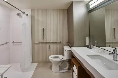 a bathroom with a toilet and a sink and a shower at Courtyard by Marriott Albany Airport in Albany