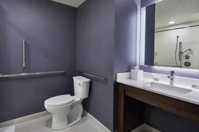 a bathroom with a toilet and a sink and a mirror at Residence Inn by Marriott Albany Airport in Albany
