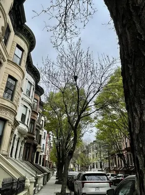 a city street with cars parked on the sidewalk at NYC Townhouse Apartment in New York