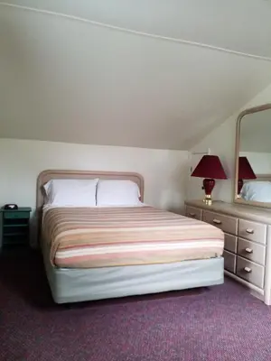 a bedroom with a bed and a dresser and a mirror at Bayside Inn & Marina in Cooperstown