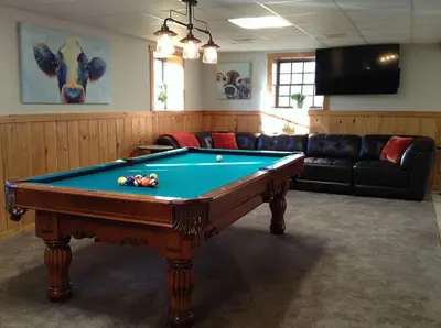 a living room with a pool table and a couch at Colgate Lake Lodge in East Jewett