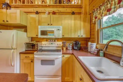 a kitchen with a white stove and a sink at Log Cabin Escape in Jacksonville