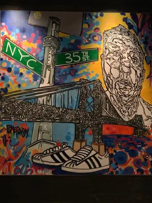 a drawing of a street sign and a bridge at Kixby in New York