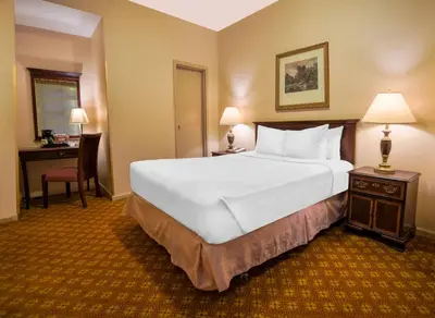 a hotel room with a large bed and a desk at Night Hotel Broadway in New York