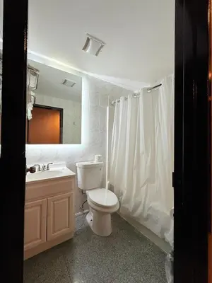 a bathroom with a toilet and a sink and a mirror at Hotel Key in Queens