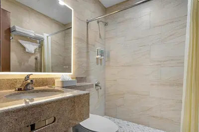 a bathroom with a sink and a toilet and a mirror at Best Western Jamaica Inn in Queens