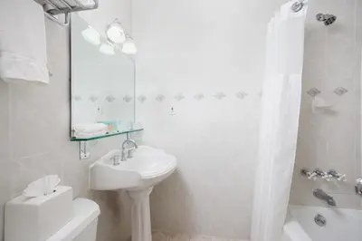 a white bathroom with a sink and a shower at The Andrew Hotel in Great Neck