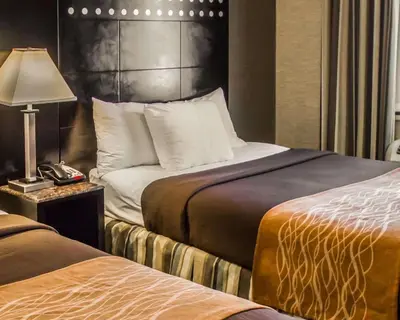 a hotel room with two beds and a lamp at Rodeway Inn Bronx Zoo in Bronx