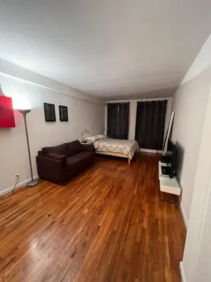 a living room with a couch and a bed at great studio apt new york city in New York