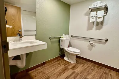 a bathroom with a sink and a toilet and a mirror at Quality Inn & Suites Albany Airport in Latham