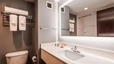 a bathroom with a sink and a toilet and a mirror at Best Western Plus Fairfield Hotel in Fairfield