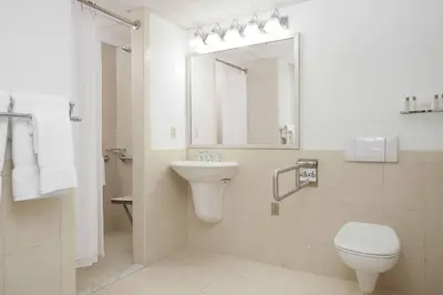 a bathroom with a sink and a toilet and a mirror at Ethan Allen Hotel in Danbury