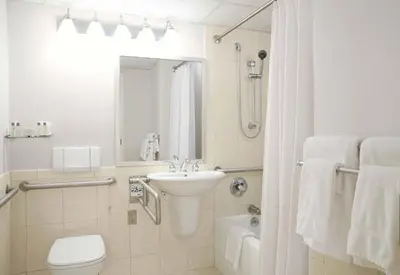 a bathroom with a sink and a toilet and a shower at Ethan Allen Hotel in Danbury