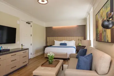 a bedroom with a bed and a couch and a tv at The Abbey Inn & Spa in Peekskill