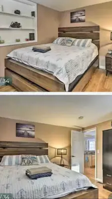 two pictures of a bedroom with a large bed at Hidden Lakefront Retreat in Sherburne