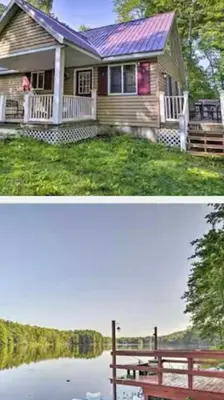 two pictures of a house and a house with water at Hidden Lakefront Retreat in Sherburne