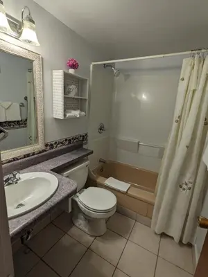 a bathroom with a toilet and a sink and a tub at Bennington Motor Inn in Bennington