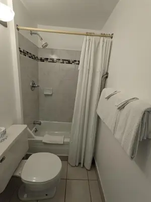 a bathroom with a white toilet and a shower at Bennington Motor Inn in Bennington