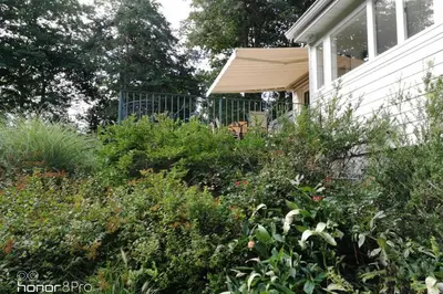 a garden with flowers and plants in front of a house at Contemporary 3 Bedroom Apt with Sauna in Woods in Armonk