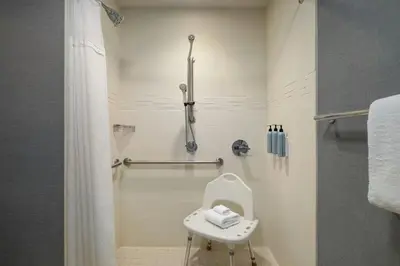 a bathroom with a toilet and a shower at Residence Inn by Marriott Albany Washington Avenue in Albany