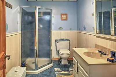 a bathroom with a shower and a toilet and a sink at Stamford Lakefront Home with Dock and Wraparound Deck! in Stamford
