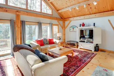 a living room with two couches and a tv at 1 Mi to Mt Snow Luna Stella Home with Fireplace in West Dover