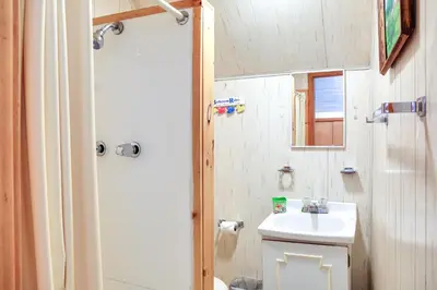 a bathroom with a sink and a toilet and a shower at Hunter Home with Fire Pit and Yard On Main Street! in Hunter